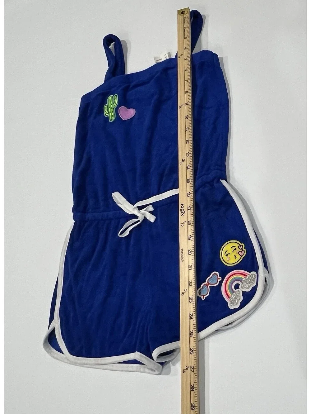 Justice 8/10 Romper Swim Cover Sleeveless Blue Terry Cloth w/ Patches New